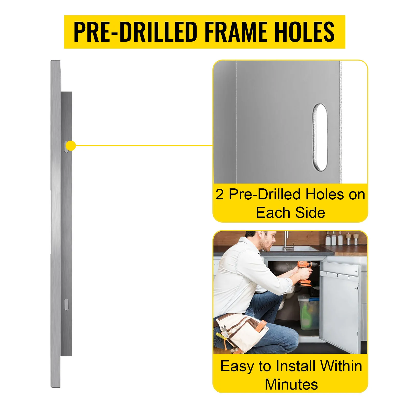 Drzwiczki dostępowe do grilla VEVOR z wstępnie nawierconymi otworami w ramie, łatwe w montażu w ciągu kilku minut.