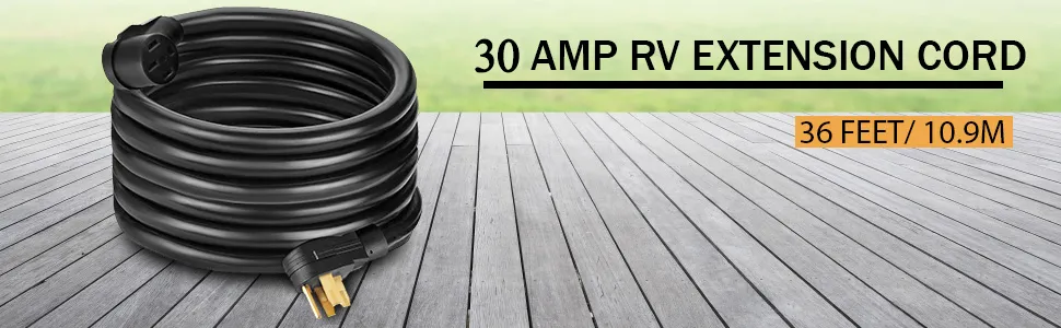 Cable de alimentación para vehículos recreativos VEVOR, 30 amperios, extensión negra de 36 pies enrollada sobre plataforma de madera.