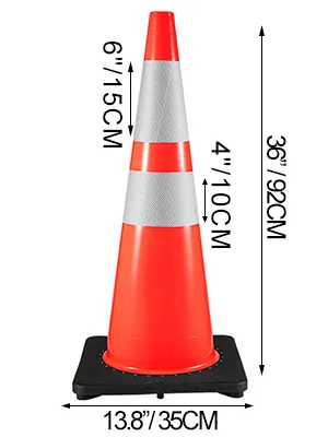 Oranje VEVOR verkeerskegel met reflecterende banden, 92 cm hoog, basis 35 cm.