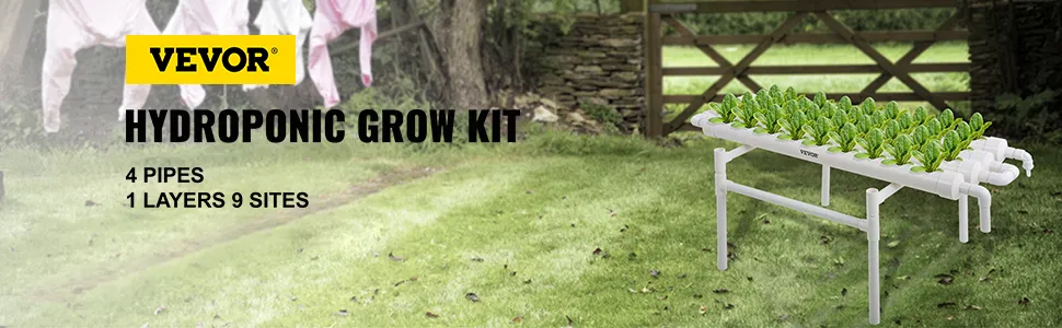 VEVOR hydroponic grow kit with 4 pipes, 1 layer, and 9 sites in a garden setting.