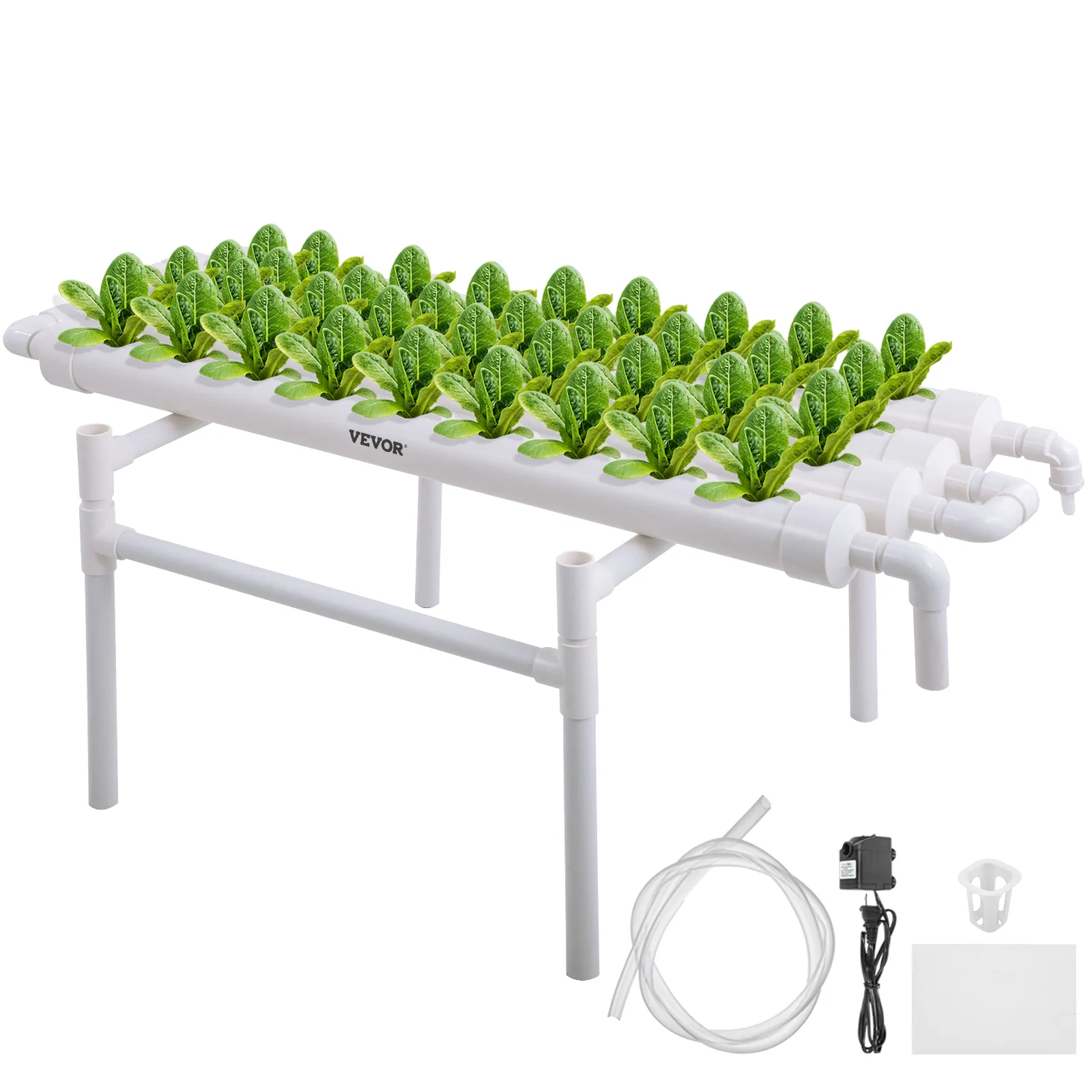 VEVOR hydroponic grow kit with leafy greens growing in white tubes.