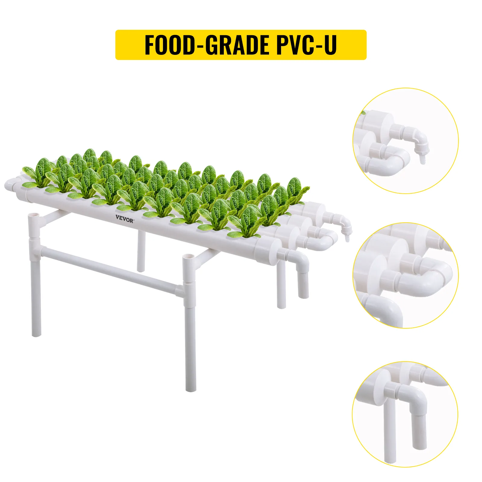 VEVOR hydroponic grow kit with food-grade pvc-u and green lettuce plants.
