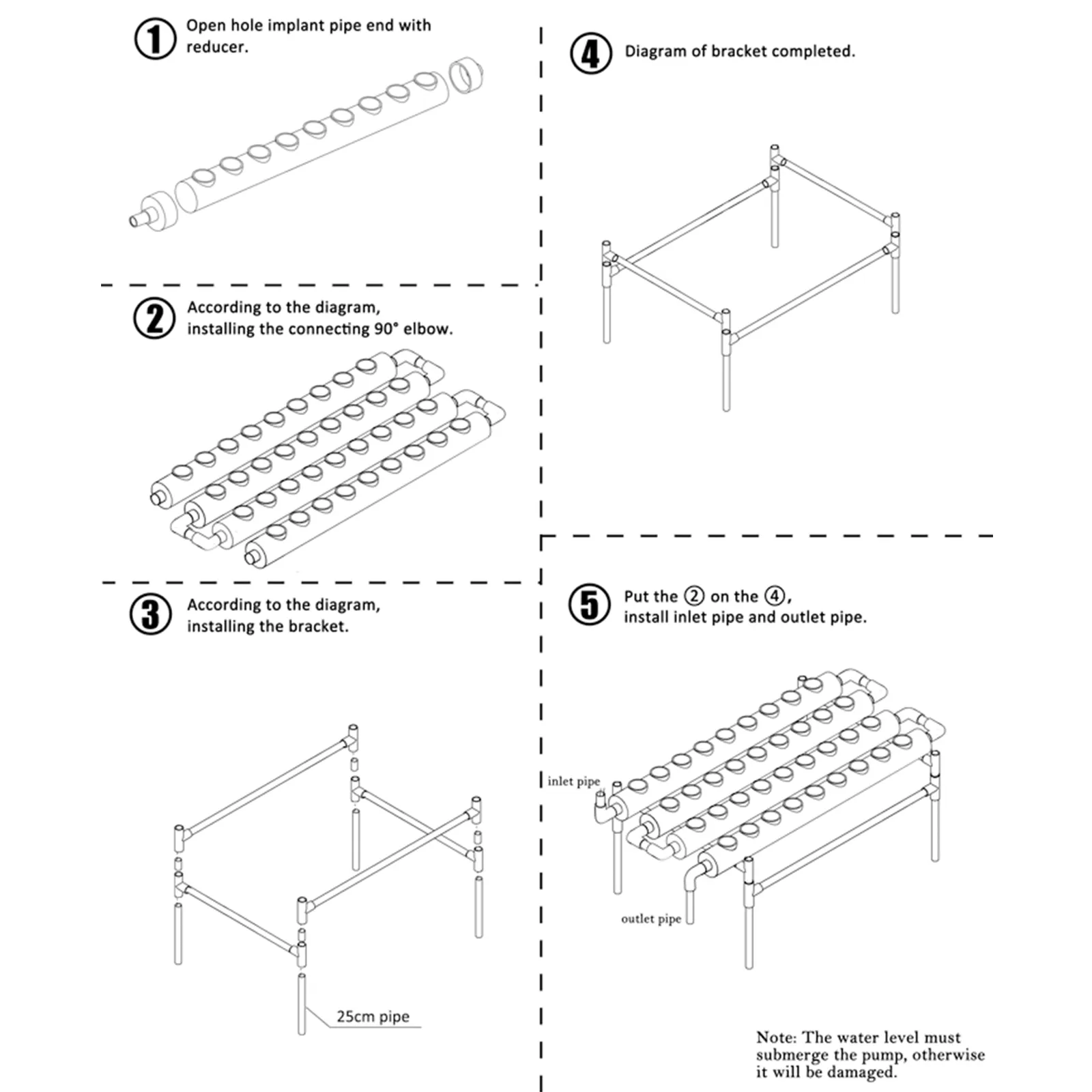 VEVOR hydroponic grow kit assembly steps: piping, elbows, bracket, inlet, and outlet pipes.