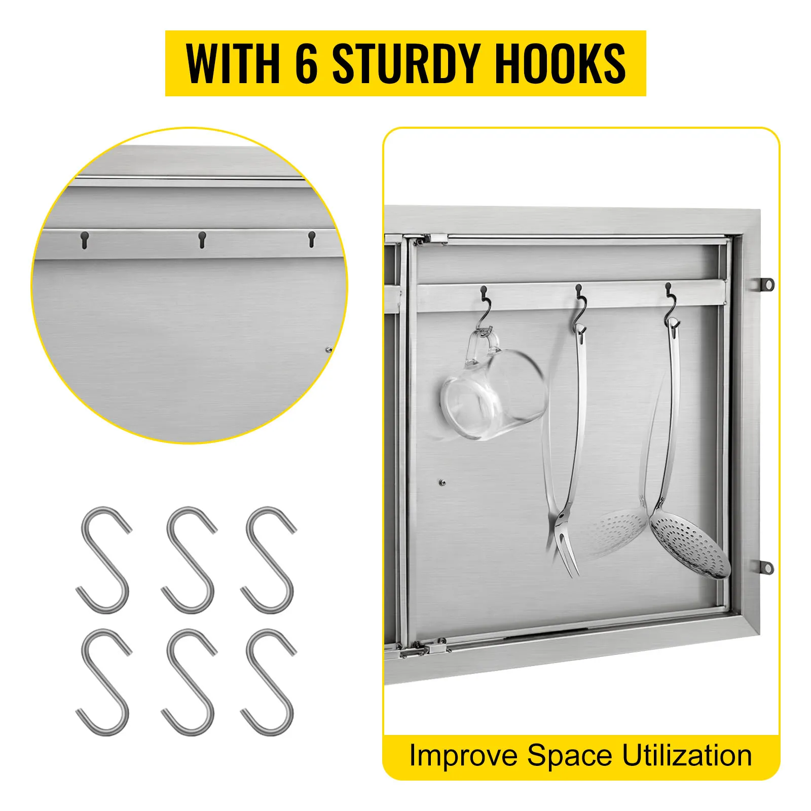 Drzwiczki dostępowe do grilla VEVOR z sześcioma solidnymi haczykami w kształcie litery S zapewniają lepsze wykorzystanie przestrzeni.