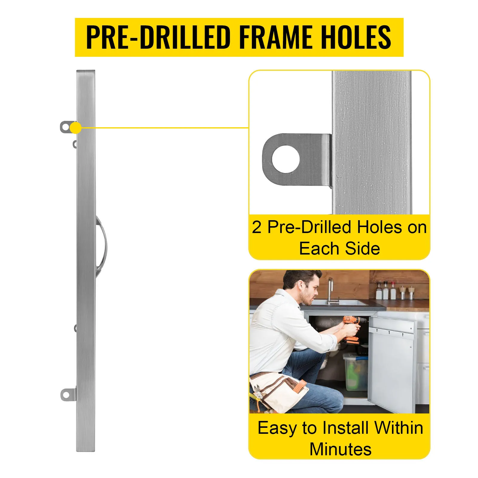 Drzwiczki dostępowe do grilla VEVOR z wstępnie nawierconymi otworami w ramie, łatwe w montażu w ciągu kilku minut.