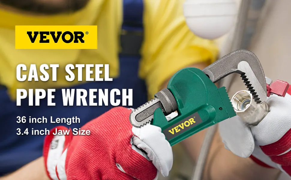 VEVOR pipe wrench in use, 36-inch length, 3.4-inch jaw size, worker gripping tool.