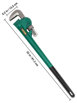 green and black VEVOR pipe wrench, 32 in long, with a 5.2 in jaw capacity.