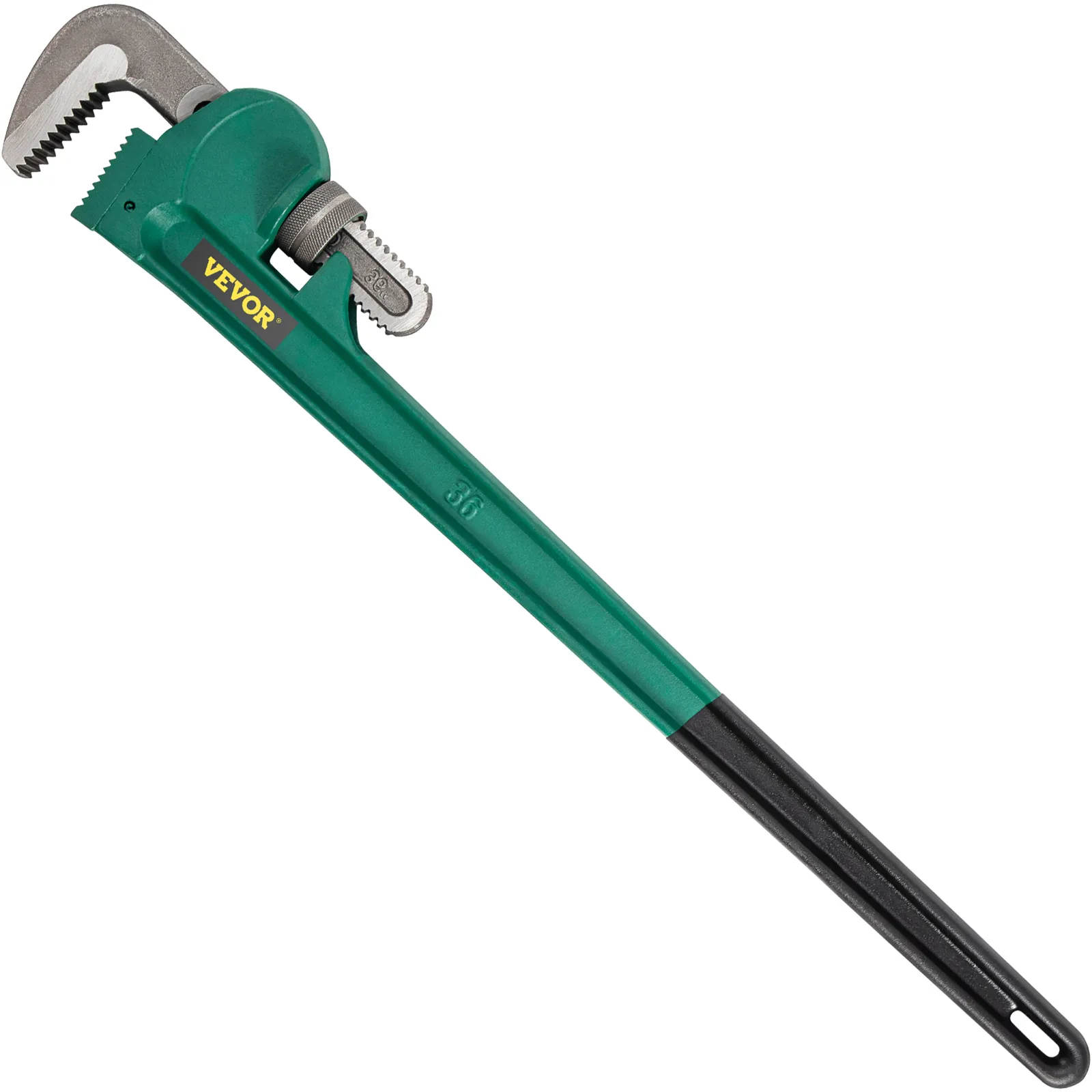 green VEVOR pipe wrench with black handle showcasing 36-inch length.