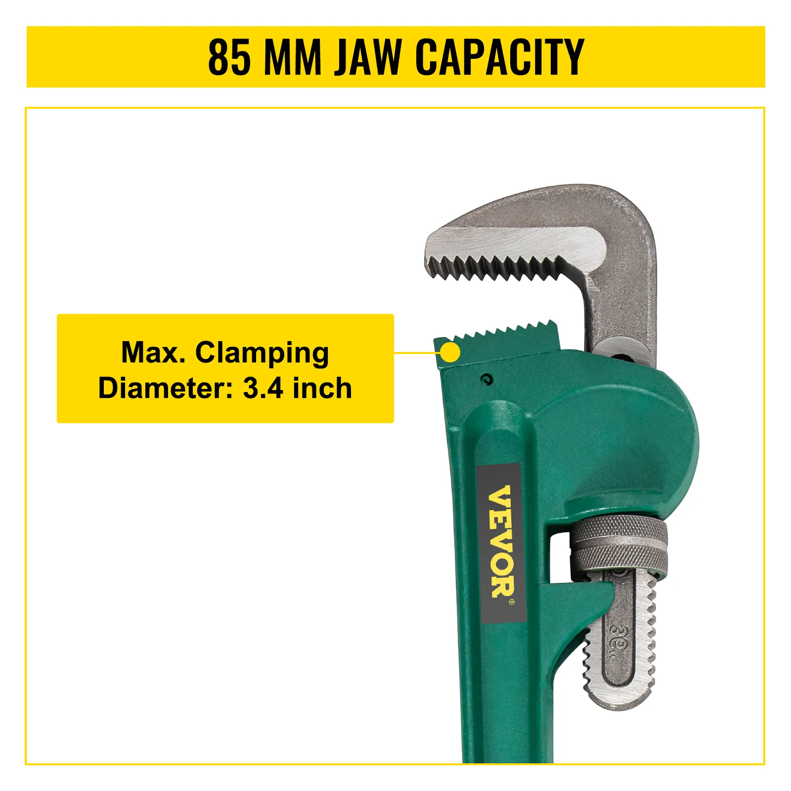 VEVOR pipe wrench with 85mm jaw capacity and 3.4 inch max clamping diameter.