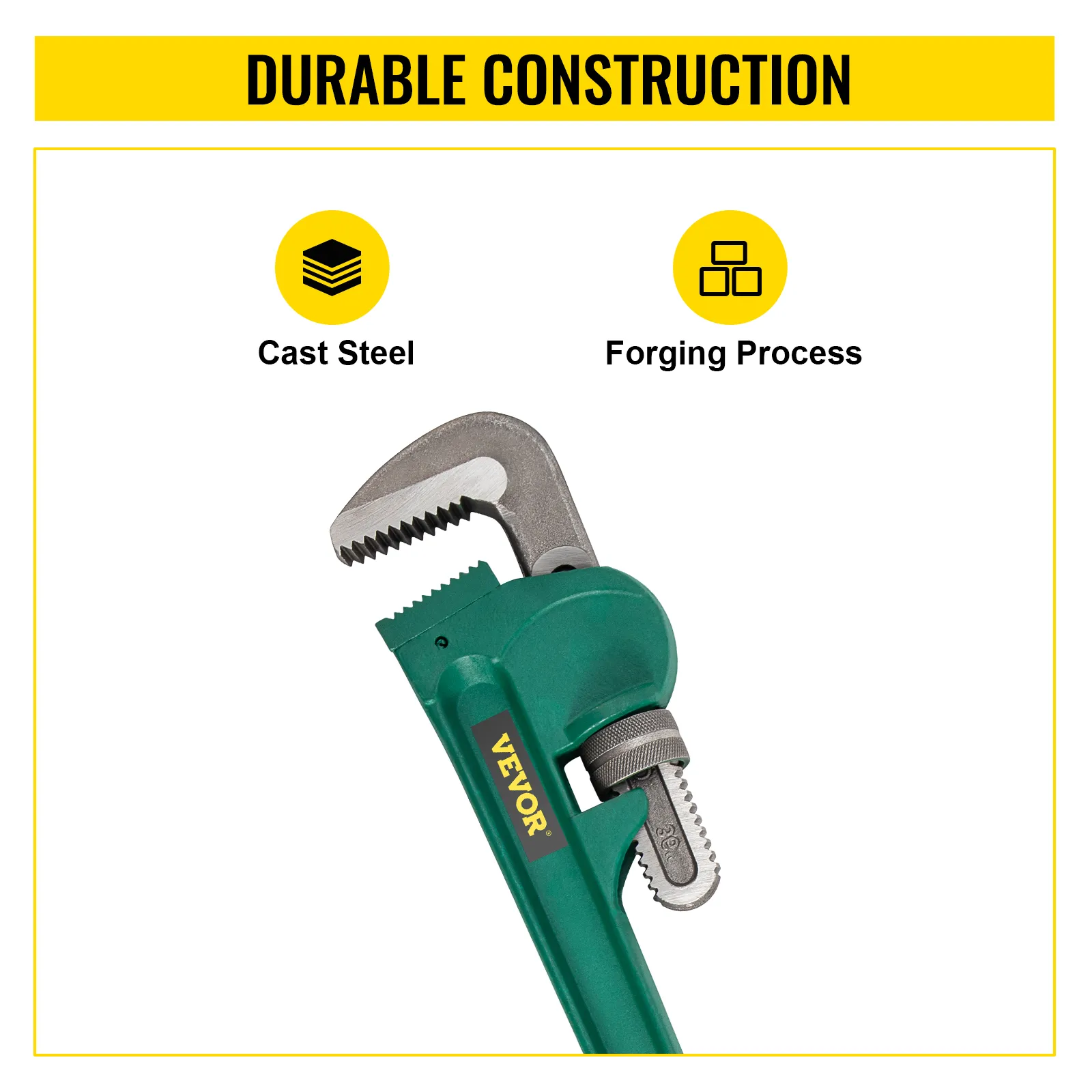 VEVOR pipe wrench with durable cast steel and forging process.