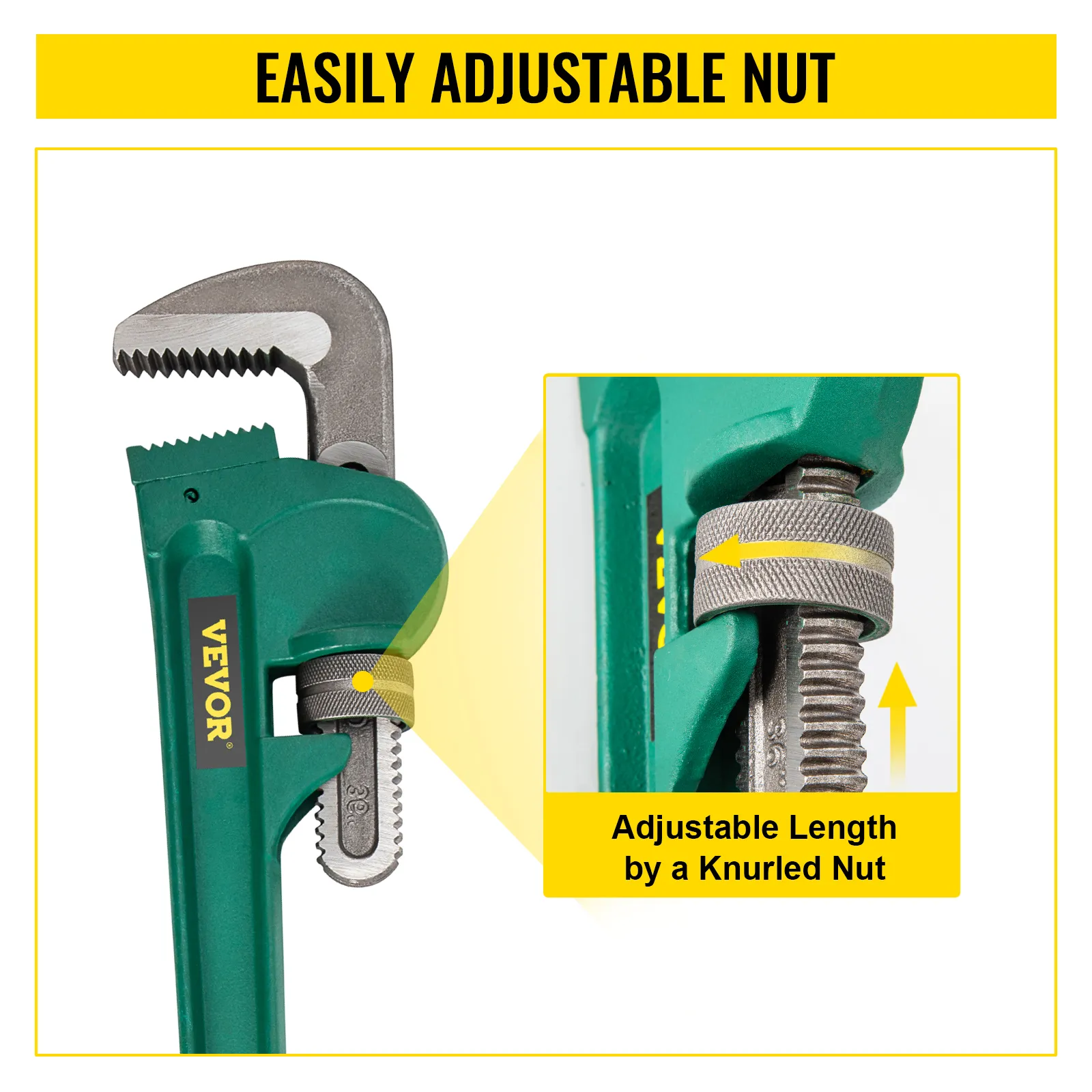VEVOR pipe wrench showcasing easily adjustable nut with a knurled grip.