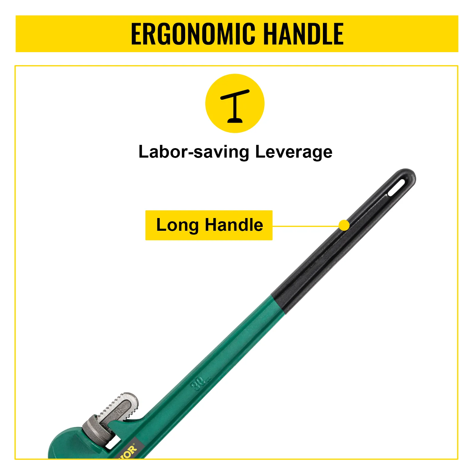 VEVOR pipe wrench with ergonomic handle and long lever for labor-saving use.