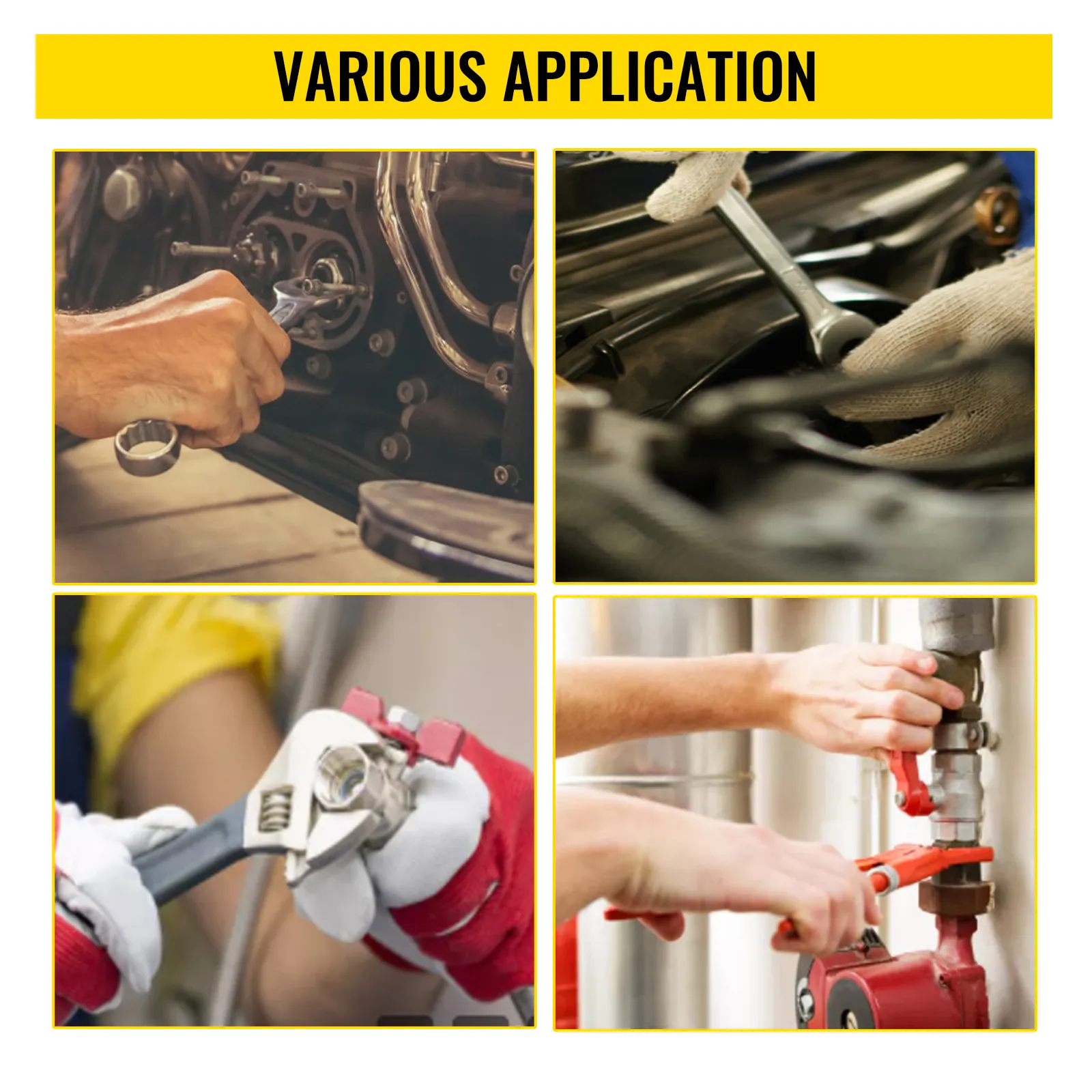 hands using VEVOR pipe wrench in automotive, machinery, and plumbing tasks. various applications.