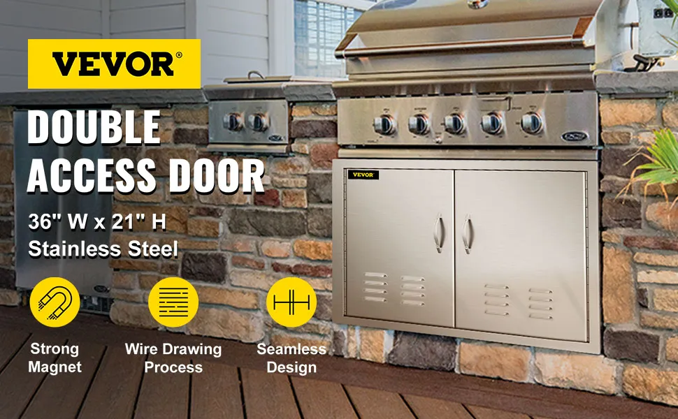 Puerta de isla de barbacoa VEVOR con imán potente y diseño sin costuras en configuración de cocina al aire libre.