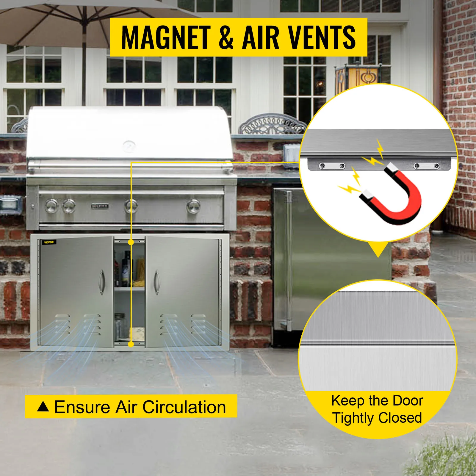 Puerta de isla de barbacoa VEVOR con imán y rejillas de ventilación para circulación del aire.