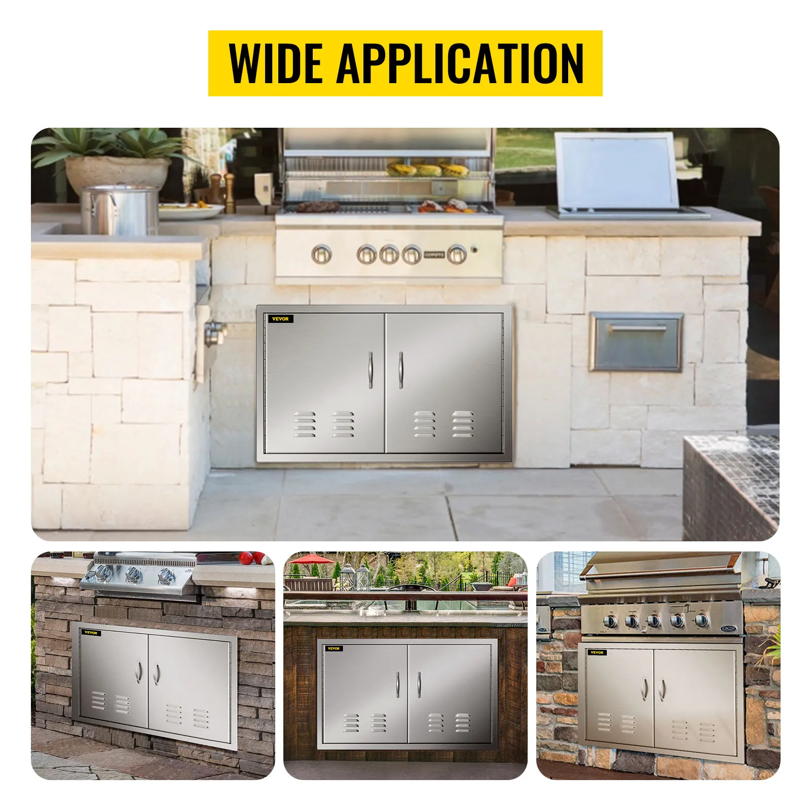 Puerta de isla de barbacoa VEVOR instalada en varias configuraciones de cocina al aire libre.