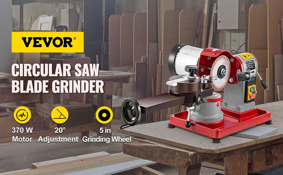 Afilador de hojas de sierra circular VEVOR con motor de 370 W, ajuste de 20° y muela de 5 pulgadas.