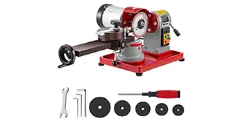 Afilador de hojas de sierra circular VEVOR con base roja, accesorios y juego de destornilladores.