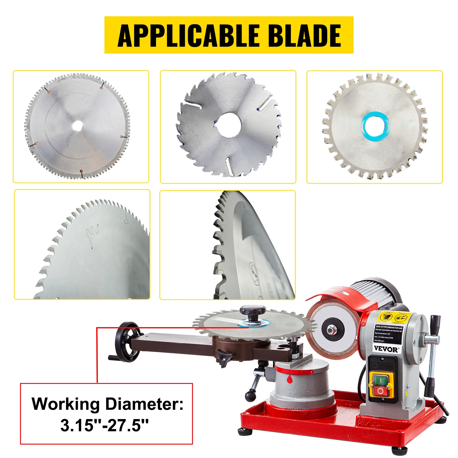 Afilador de hojas de sierra circular VEVOR con varios tipos de hojas y diámetros de trabajo.