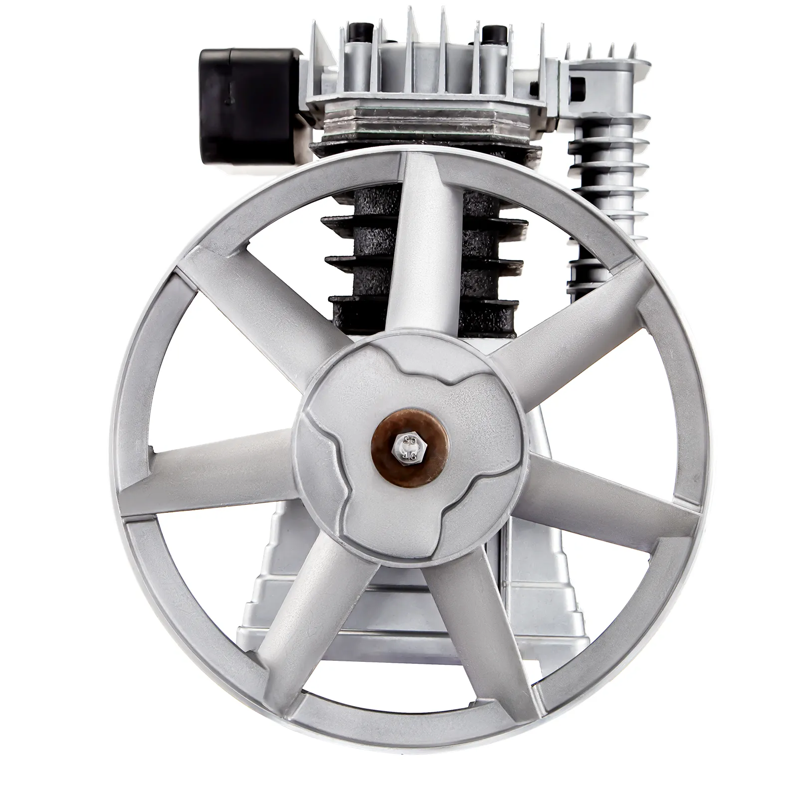 front view of VEVOR air compressor pump with large metal wheel and cooling fins.