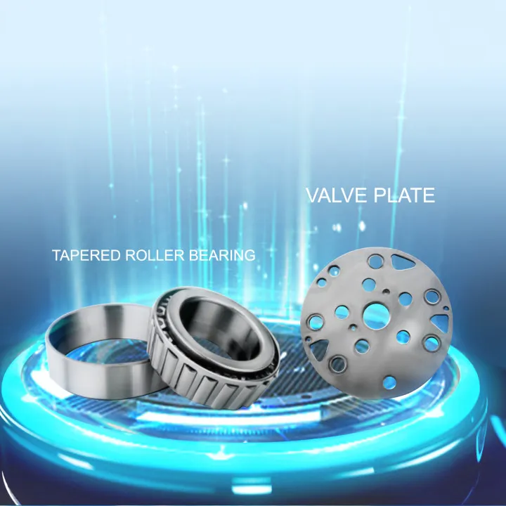 VEVOR air compressor pump valve plate and tapered roller bearing on a glowing platform.