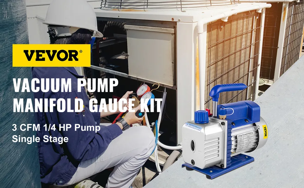Kit de bomba de vacío de aire HVAC VEVOR con manómetro múltiple y bomba monoetapa de 3 cfm y 1/4 hp.