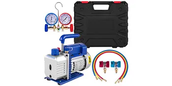 Kit de bomba de vacío de aire HVAC VEVOR con mangueras, manómetros y estuche de transporte en exhibición.