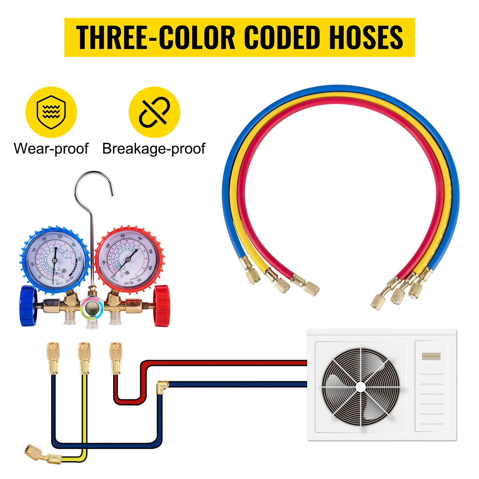 Kit de bomba de vacío de aire VEVOR para climatización con mangueras resistentes al desgaste codificadas por tres colores