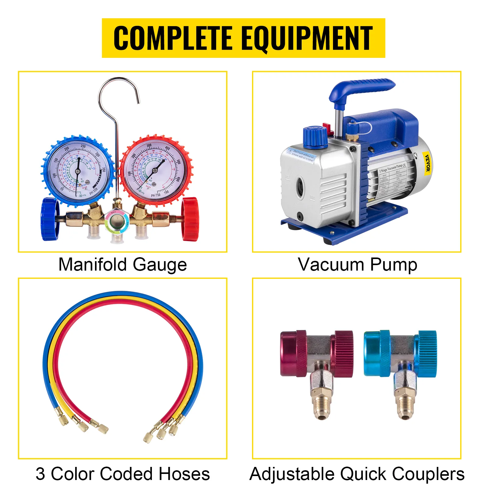 Kit de bomba de vacío de aire HVAC VEVOR: manómetro, bomba de vacío, mangueras, acopladores rápidos.