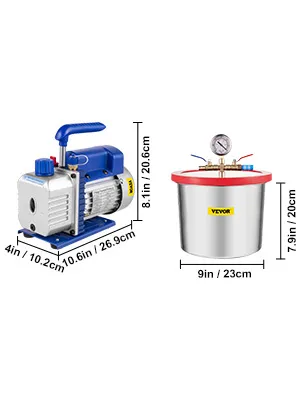 Kit de cámara de vacío VEVOR con medidas precisas y bomba de vacío azul.
