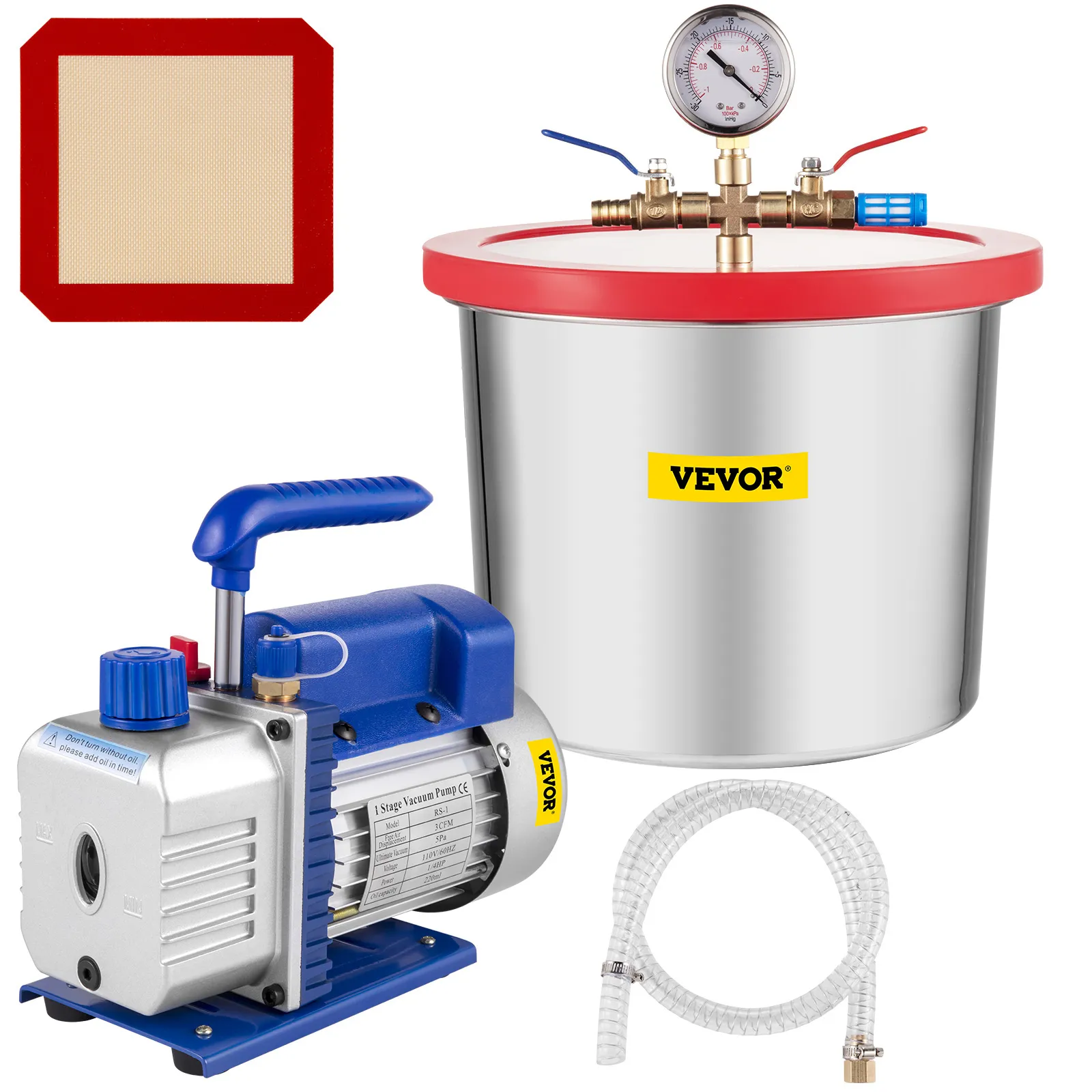 Kit de cámara de vacío VEVOR con bomba, cámara, tapete de silicona y manguera.