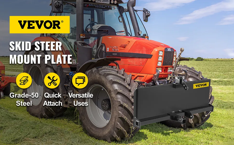 VEVOR 3 point attachment adapter with grade-50 steel on a red tractor in a field.