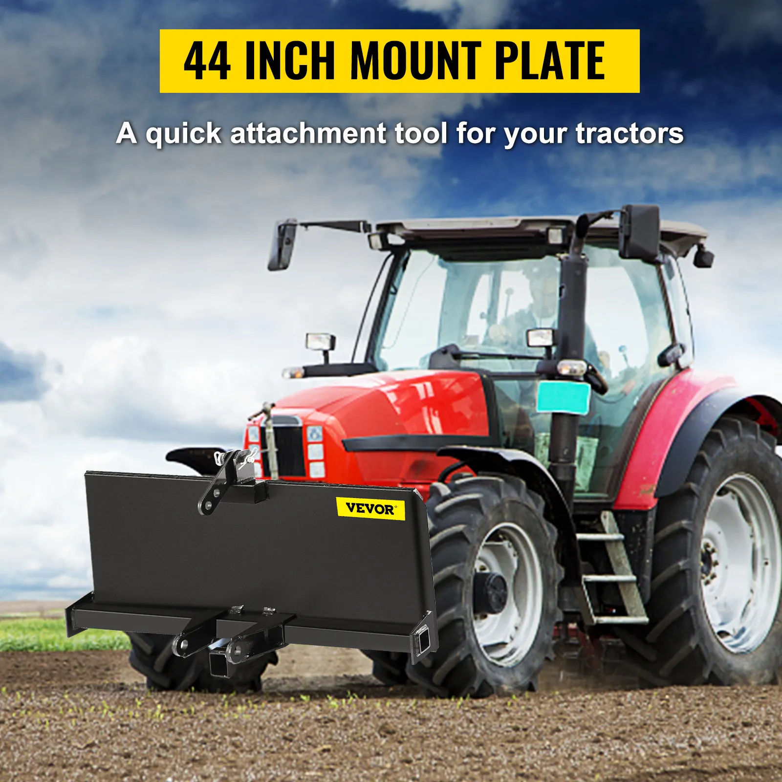 tractor with VEVOR 3 point attachment adapter in field, showcasing 44-inch mount plate.