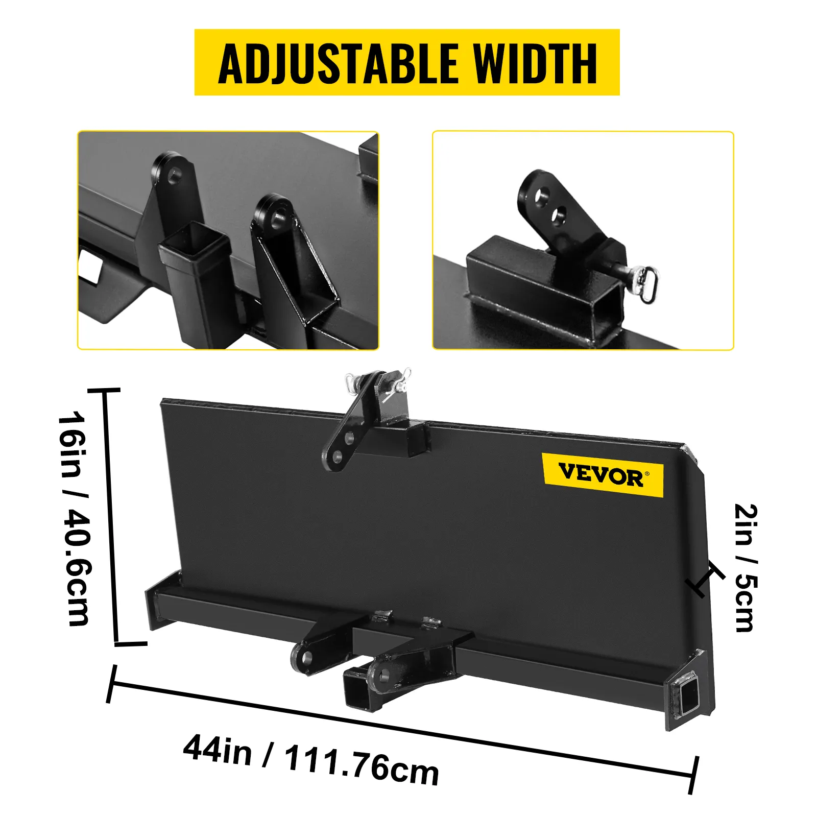 VEVOR 3 point attachment adapter with adjustable width specs: 16x44x2 inches.