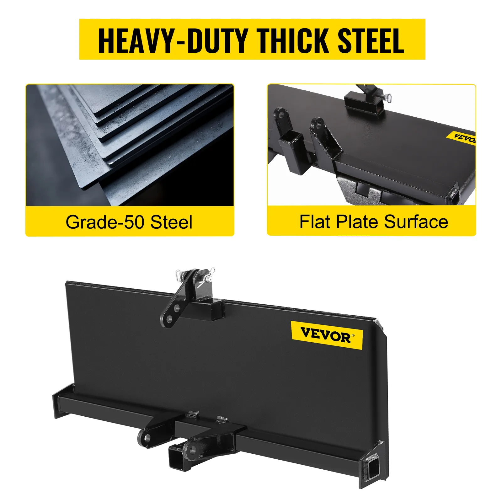 VEVOR 3 point attachment adapter with grade-50 steel and flat plate surface.