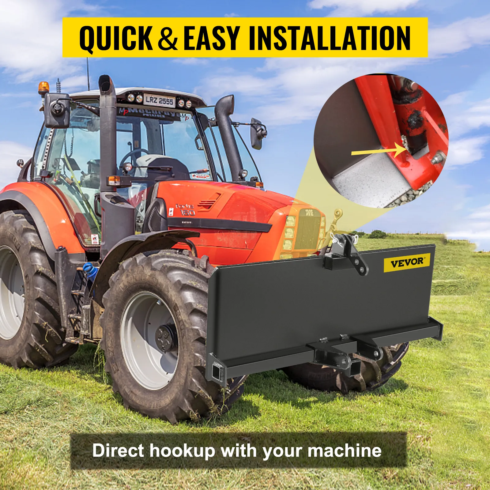 tractor with VEVOR 3 point attachment adapter for quick installation on grass field.
