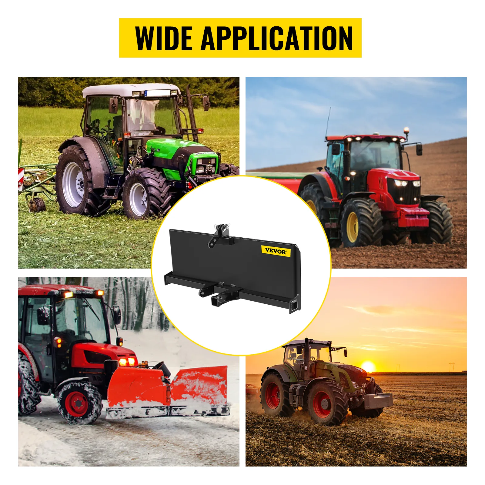 VEVOR 3 point attachment adapter showcased on different tractors for varied applications.