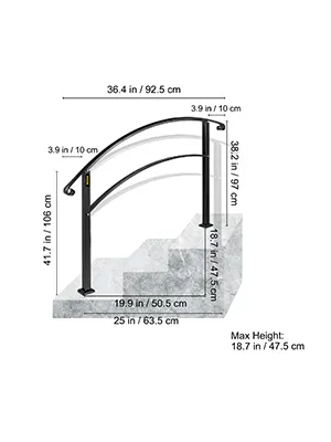 VEVOR handrails on concrete steps with precise measurements in cm and inches.