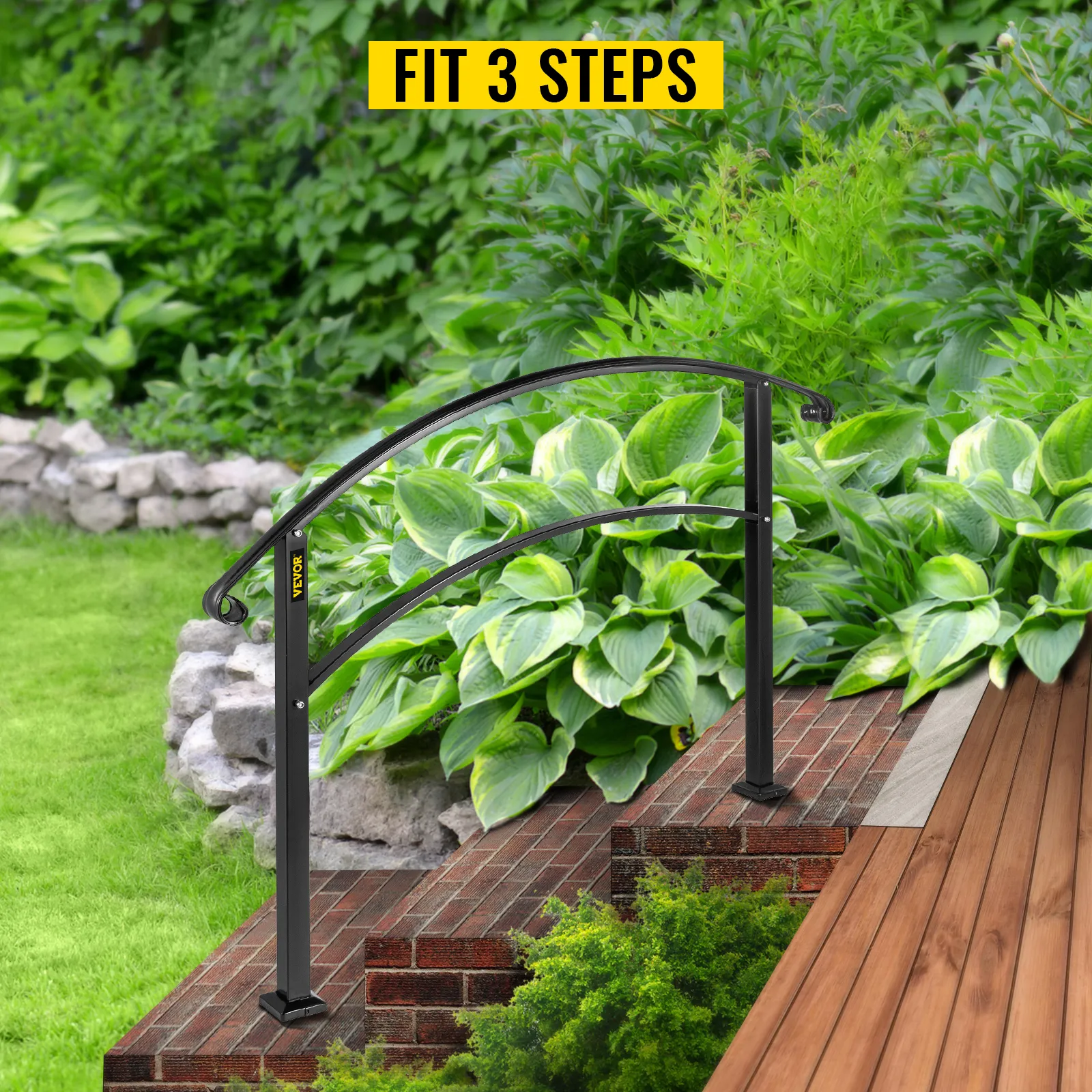 VEVOR handrails fit 3 steps in a garden with lush green plants and brick steps.