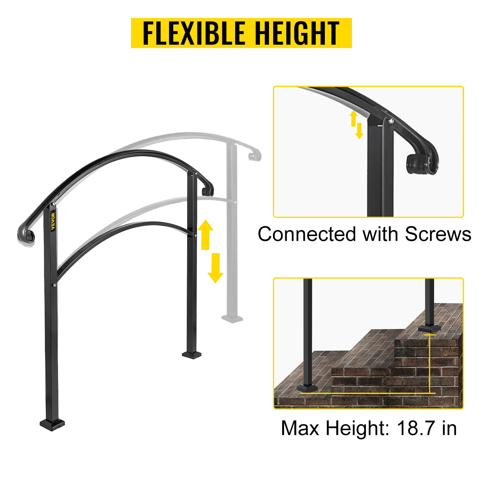 VEVOR handrails with adjustable height, screw connections, and max height of 18.7 in.
