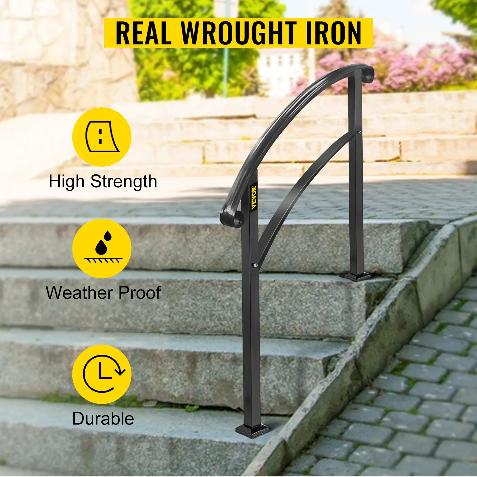 VEVOR handrails on stone steps offering high strength, weatherproof, and durable features.