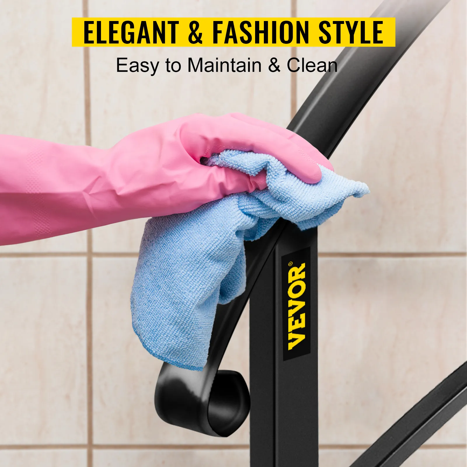 pink-gloved hand cleaning VEVOR handrails with a blue cloth in a tiled area.