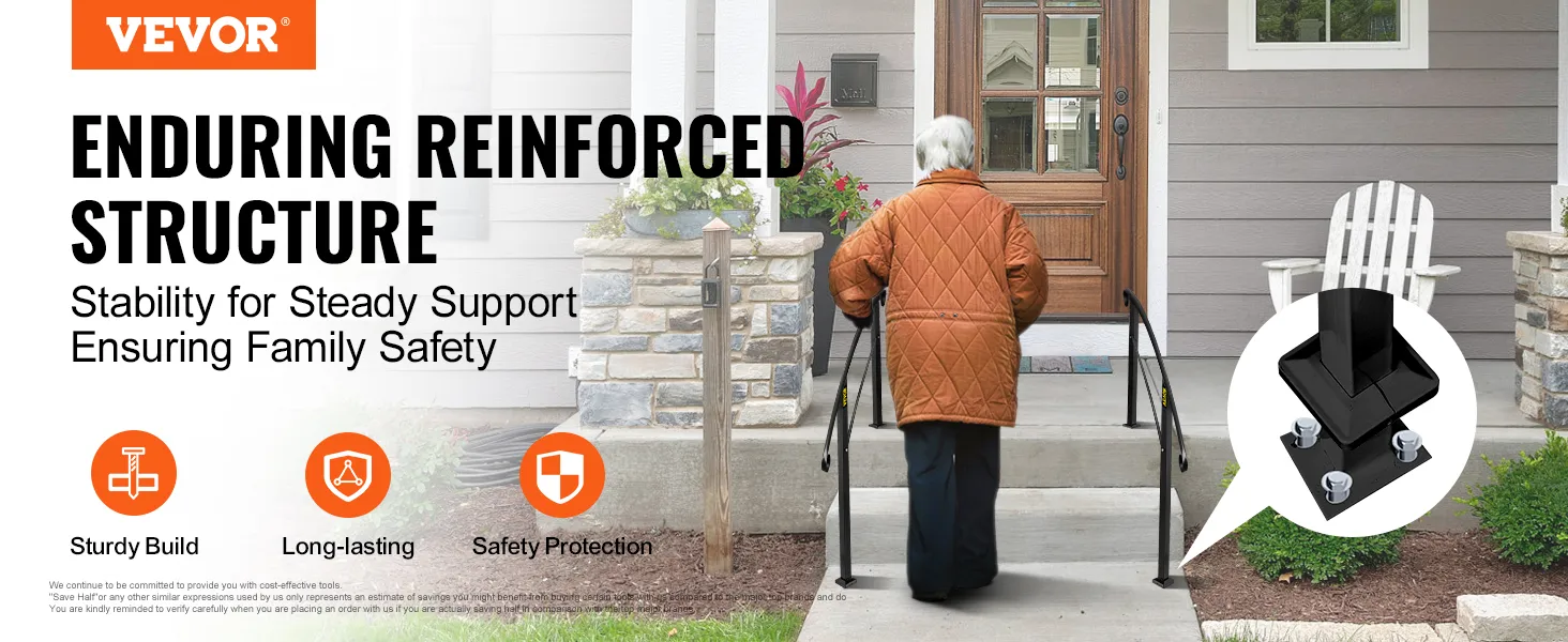 VEVOR handrails secure front porch with elderly person walking, emphasizing safety and durability.