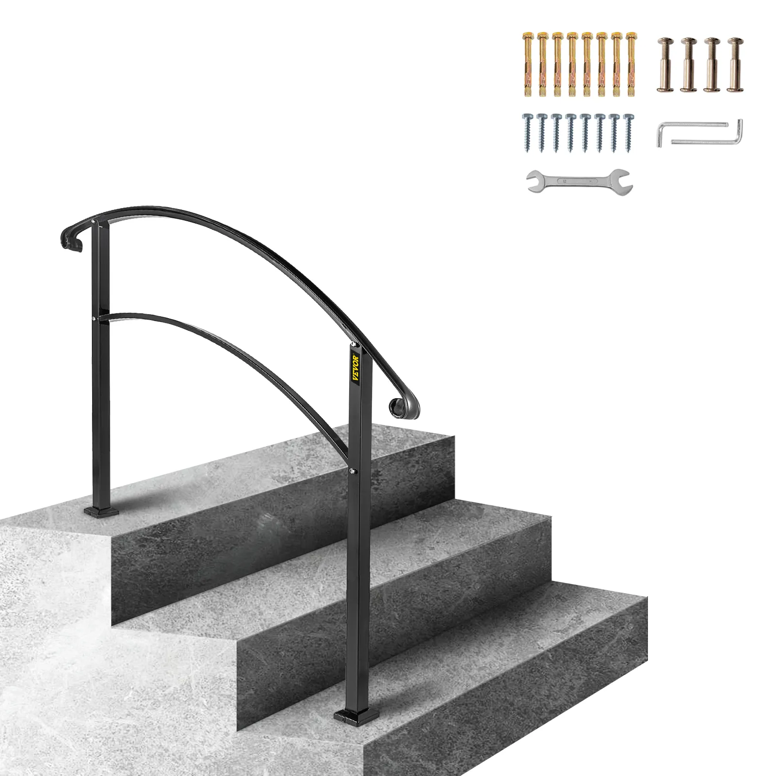 VEVOR handrails on concrete stairs with installation hardware and tools.