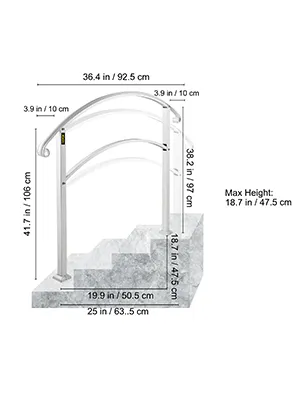 Aufbaumaße für VEVOR-Handläufe für eine 5-stufige Treppe, mit elegantem, geschwungenem Design.