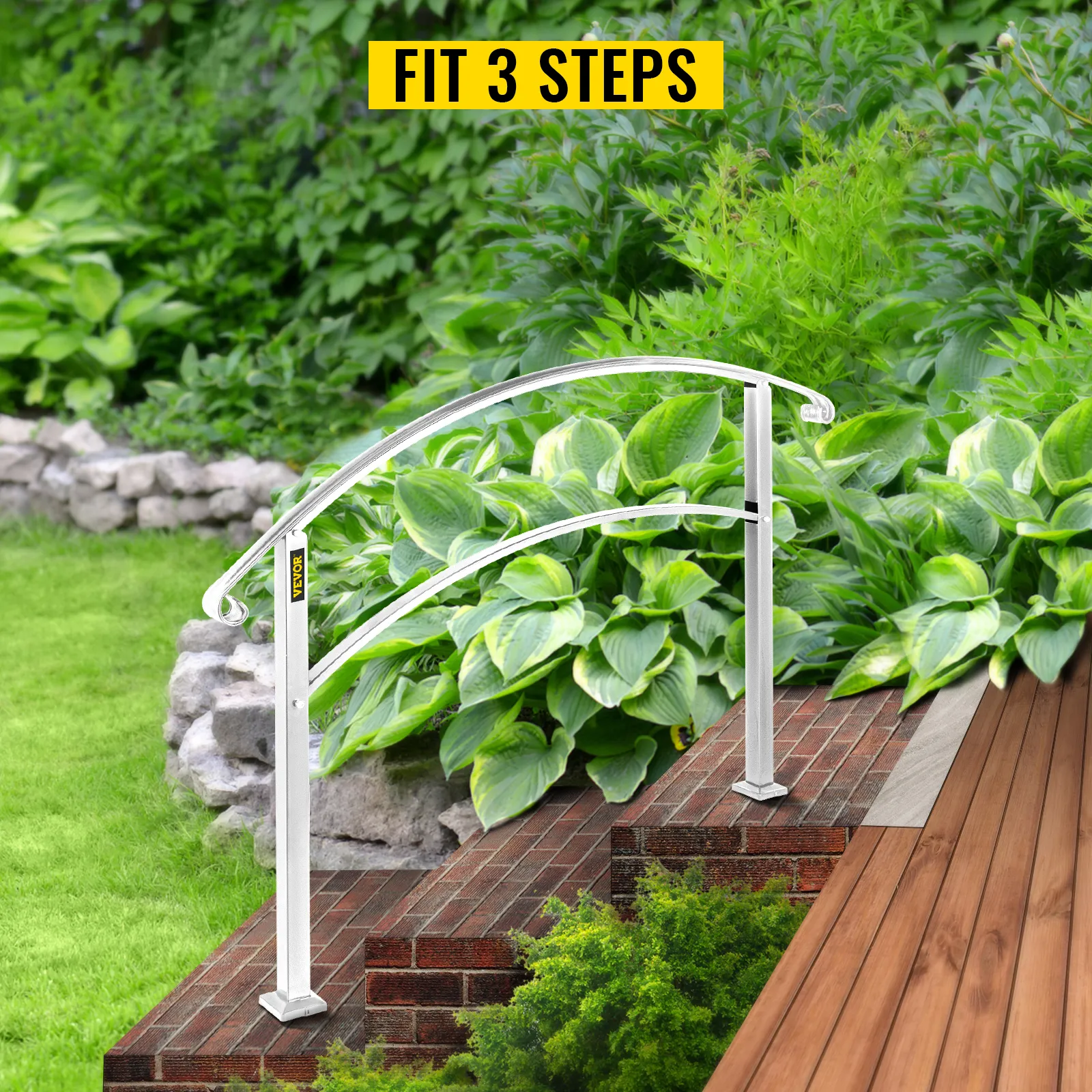 VEVOR handrails for 3 steps with lush green garden background