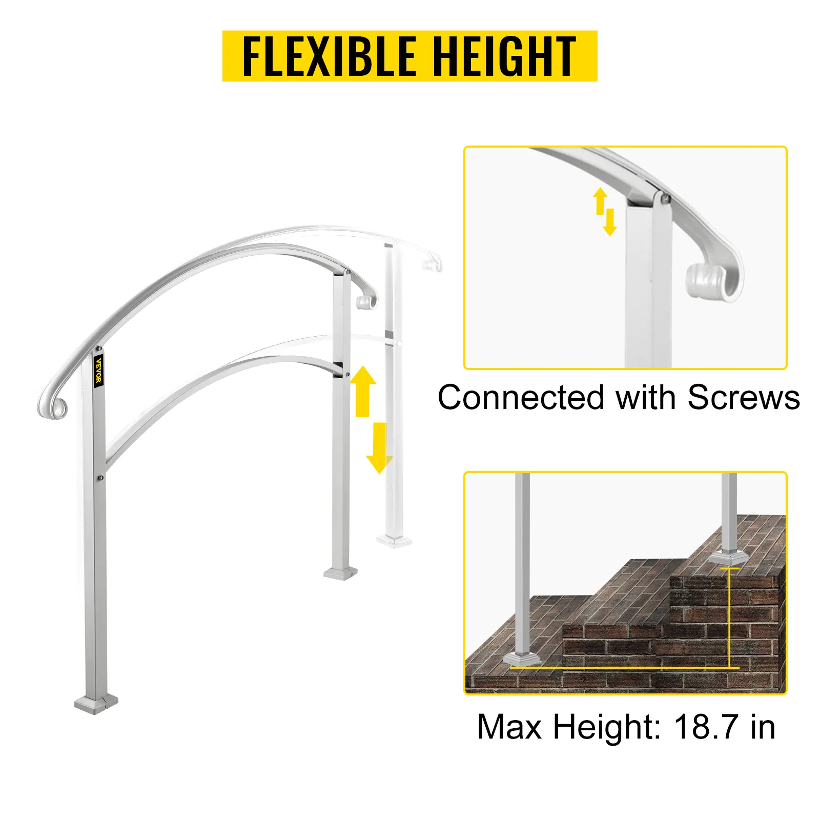 VEVOR handrails with adjustable height and screw connection, max height 18.7 in.