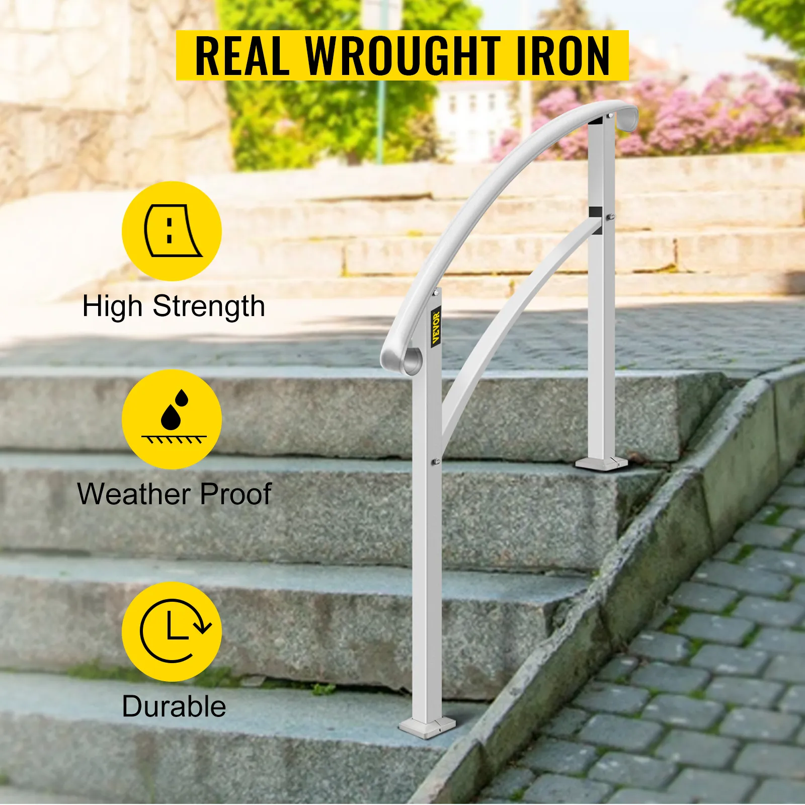 VEVOR handrails made of real wrought iron, high strength, weatherproof, and durable.