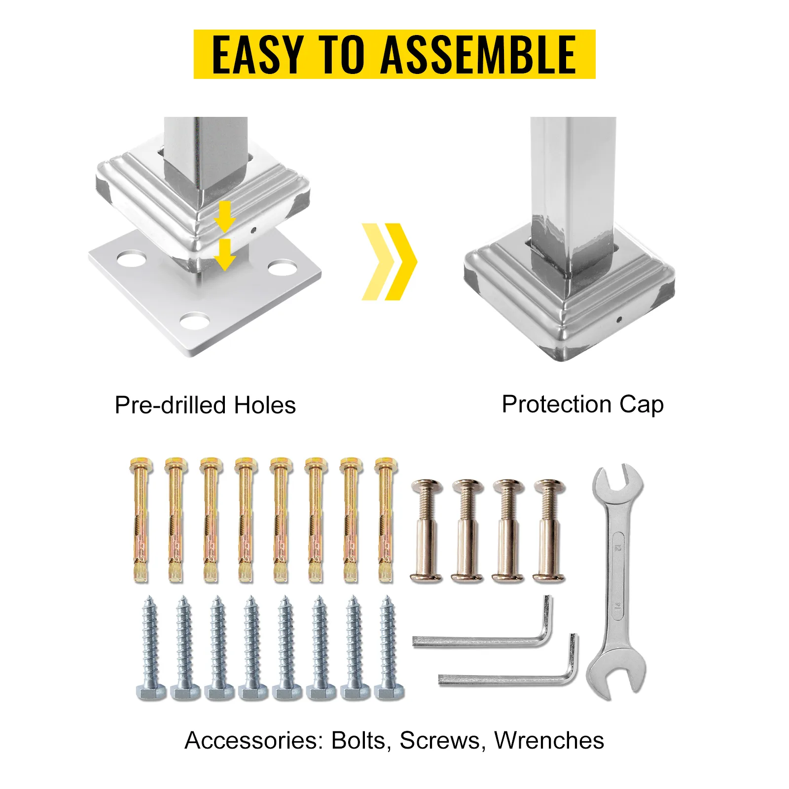 Einfach zu montierende VEVOR-Handläufe mit Bolzen, Schrauben, vorgebohrten Löchern und Schraubenschlüsselzubehör.