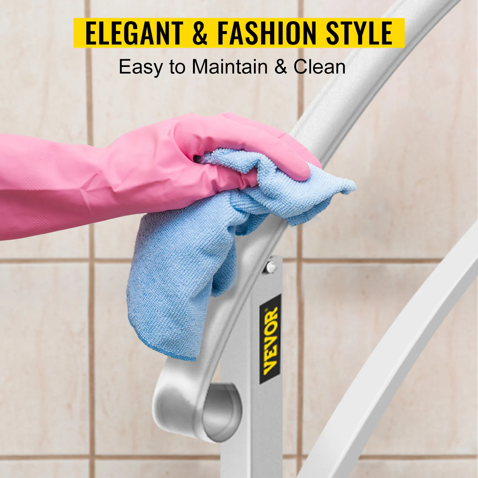 Mit rosa Handschuhen und einem blauen Tuch werden die VEVOR-Handläufe von Hand gereinigt, was die einfache Wartung unterstreicht.